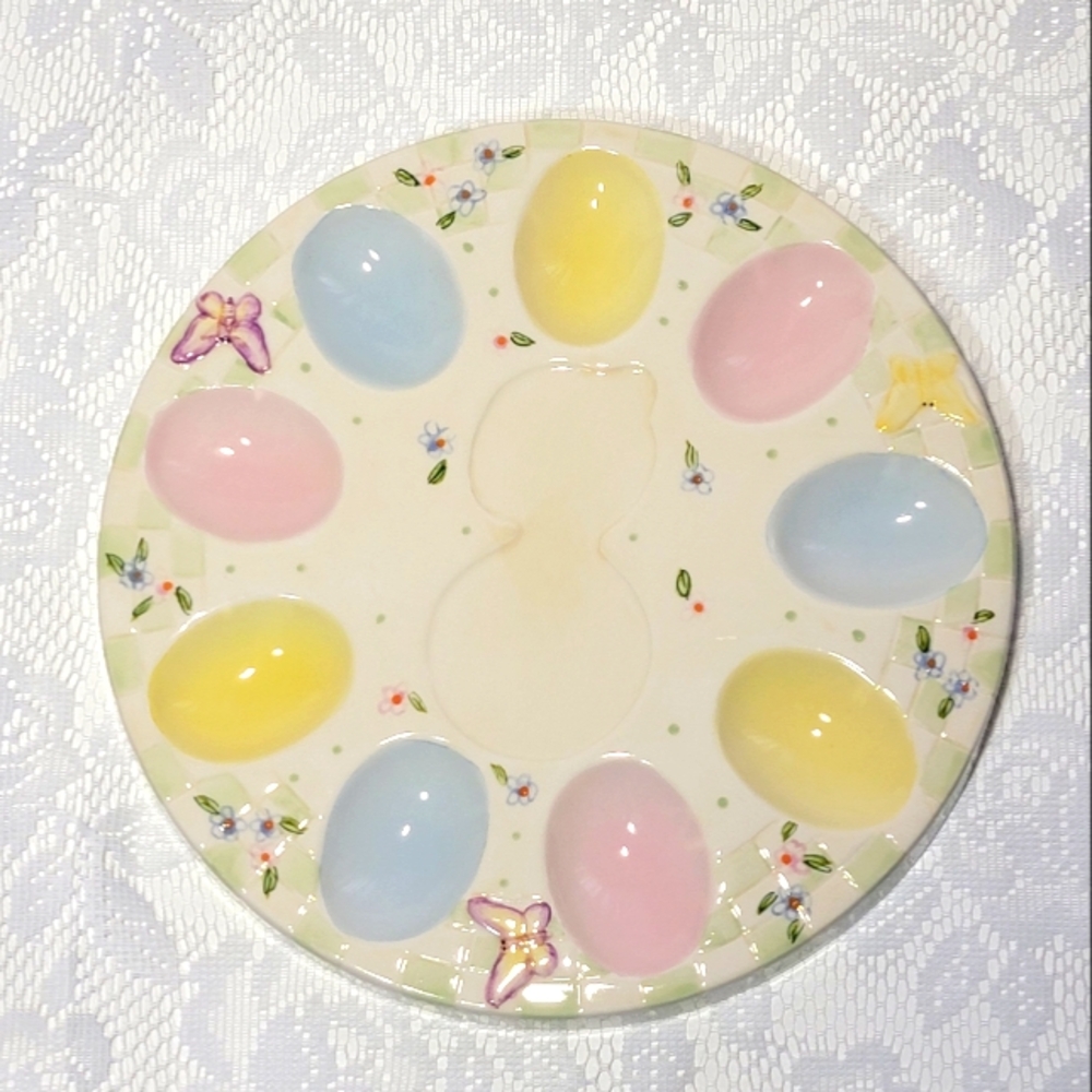 Easter Deviled Egg Serving Platter Ceramic Tray Floral Butterfly Gingham Holds 9